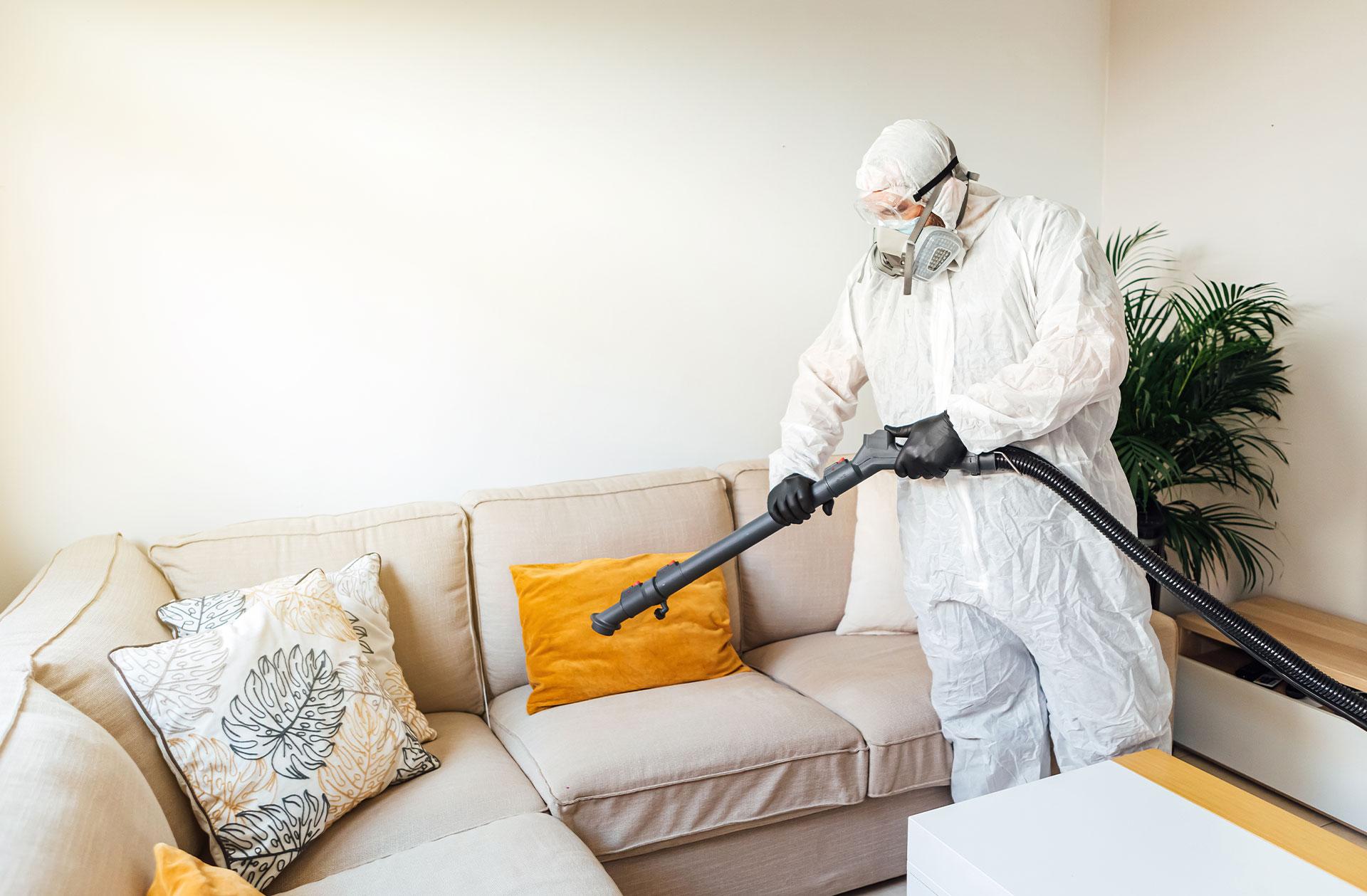 Man cleaning sofa